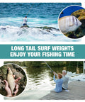 Collage of fishing scenes and fish with text 'Long Tail Surf Weights Enjoy Your Fishing Time' promotes fishing products.