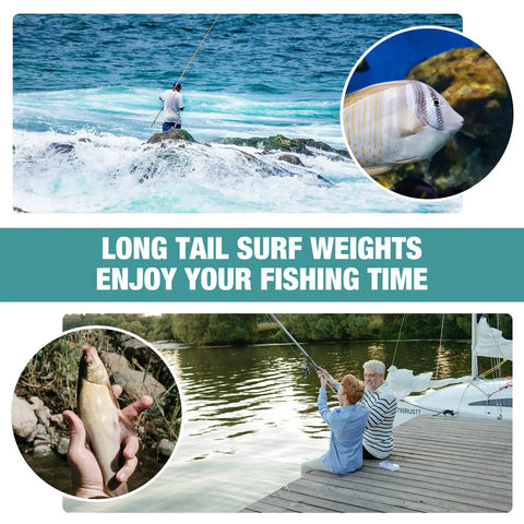 Collage of fishing scenes and fish with text 'Long Tail Surf Weights Enjoy Your Fishing Time' promotes fishing products.