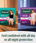 Night Defense Adult Incontinence Underwear For Women package next to Fresh Protection package, both with female model images.