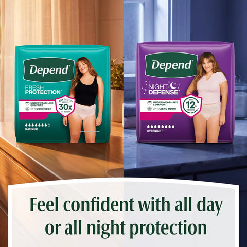 Night Defense Adult Incontinence Underwear For Women package next to Fresh Protection package, both with female model images.