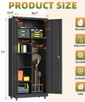 71 Inch Tall Metal Garage Storage Cabinet On Wheels With Locking Door Beefy Heavy Duty Steel Construction Powder Coated Broom Cabinet Organizer For Home Garage And Shop, open front view with shelves
