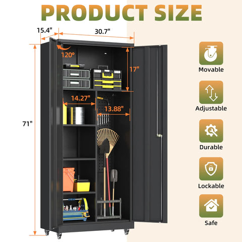 71 Inch Tall Metal Garage Storage Cabinet On Wheels With Locking Door Beefy Heavy Duty Steel Construction Powder Coated Broom Cabinet Organizer For Home Garage And Shop, open front view with shelves