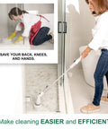 Woman using Electric Spin Scrub Brush For Bathroom Cordless Portable Rechargeable Deep Cleaning With Adjustable Head And Extendable Pole