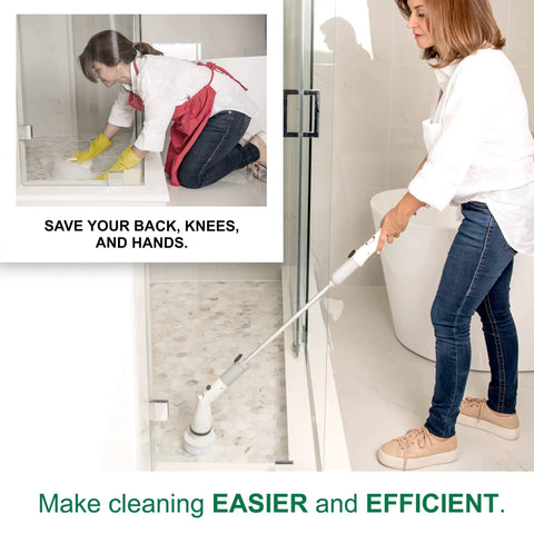 Woman using Electric Spin Scrub Brush For Bathroom Cordless Portable Rechargeable Deep Cleaning With Adjustable Head And Extendable Pole