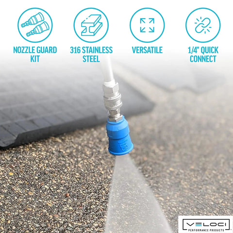 AcquaLine Pressure Washer Nozzle Guards With Protector Holder And One Quarter Inch Quick Coupler spraying on rough surface