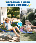 Child enjoying Heavy Duty 40 Inch Spider Web Saucer Tree Swing For Kids And Adults Outdoor Net Swing 750 Pound Capacity Blue