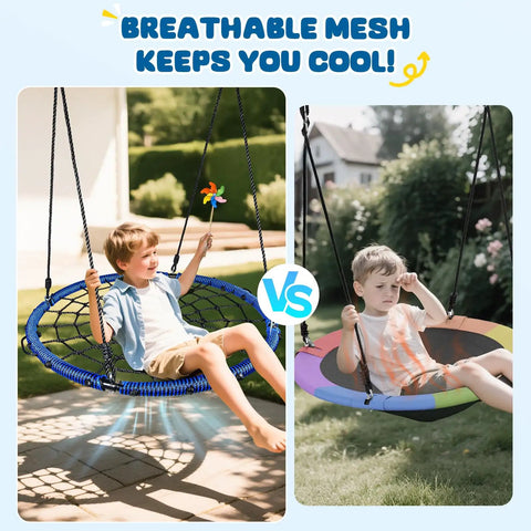 Child enjoying Heavy Duty 40 Inch Spider Web Saucer Tree Swing For Kids And Adults Outdoor Net Swing 750 Pound Capacity Blue