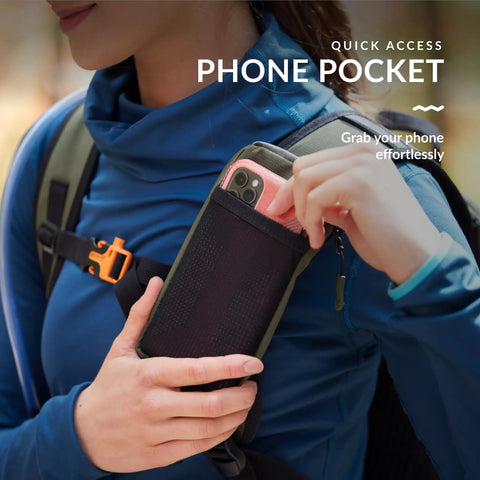 Person using phone pocket on 22L Hiking Hydration Backpack With Leakproof Water Bladder, Phone Pocket, Weatherproof Zippers
