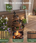 Rustic Wood Barrel 3 Tier Outdoor Water Fountain With Electric Hand Pump Cascading Waterfall on a porch with flowers