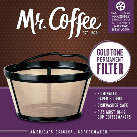 Gold Tone Basket Style Reusable Coffee Filter For 12 Cup Brewers Permanent Filter Delivers Richer Flavor Reduces Waste And Saves You Money By Skipping Paper Filters displayed in packaging.