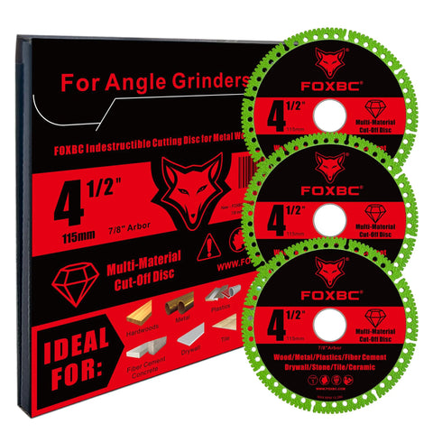 FOXBC 4-1/2 in indestructible multi-material cut-off discs for angle grinders, 7/8 in arbor, 3-pack, green edge