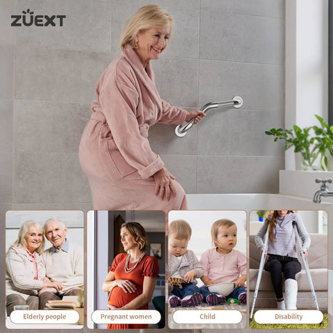Rock Solid 16 Inch Angled Bathroom Shower Grab Bars Two Pack Heavy Duty Stainless Steel Wall Mount Safety Handrails with Knurled Grip in use by elderly