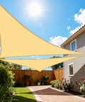 Sun Shade Sail Triangle 16x16x22.6 Ft Sand Color With Curved Edges 185GSM HDPE Shade Cloth Installed in Backyard