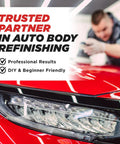 Dry Guide Coat Powder banner showing a mechanic polishing a red car headlight.