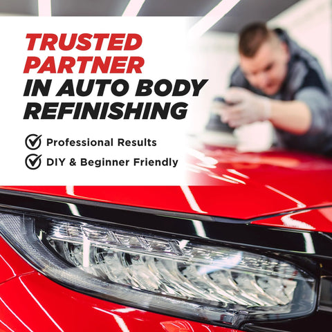 Dry Guide Coat Powder banner showing a mechanic polishing a red car headlight.