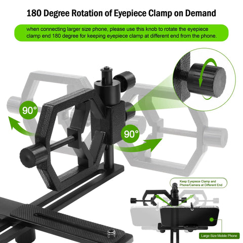 180-degree rotation feature of Deluxe Metal Telescope Mount All In One Phone And Camera Universal Adapter with eyepiece clamp.