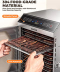 Heavy Duty Commercial Food Dehydrator With Twelve Roomy Trays And Jerky Hooks Made Of Rust Proof 304 Stainless Steel featuring jerky on trays.