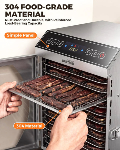 Heavy Duty Commercial Food Dehydrator With Twelve Roomy Trays And Jerky Hooks Made Of Rust Proof 304 Stainless Steel featuring jerky on trays.
