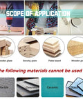 Scope of application for Top Shelf 5 Piece Forstner Drill Bit Set with materials like wooden plate, density plate, and more.