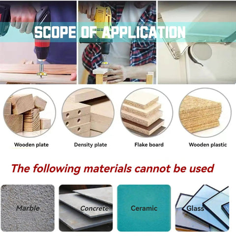 Scope of application for Top Shelf 5 Piece Forstner Drill Bit Set with materials like wooden plate, density plate, and more.