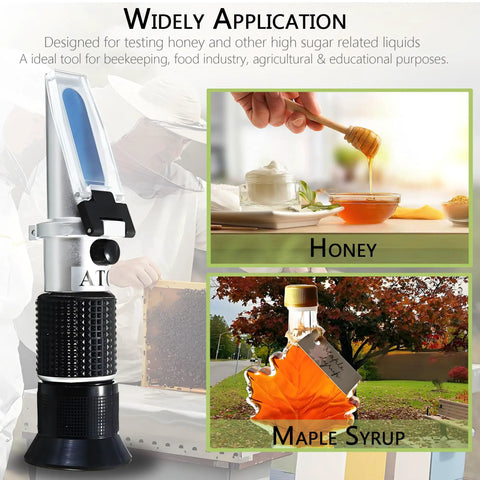 Handheld Honey Refractometer With Tri-Scale Baume 38 To 43 Degrees, Brix 58 To 92 Percent, And Water 12 To 27 Percent For Quick Sweetness Checks On Honey, Jelly, Jam, And Syrup - Pro Grade Sugar Content Meter For Foods And Beverages, for honey and maple syrup