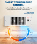 Quiet 4x12 Inch Register Booster Fan With Remote Control And Smart Thermostat installed on wall, showing temperature control features.