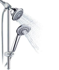 Instant Mount Drill Free Shower Combo With Height And Angle Adjustable 3 Way SpiralFlo Head And Handheld Shower Slide Bar Included 36 Spray Patterns Dual Shower Heads For Easy Spa Upgrade showing dual shower heads with water spray.
