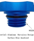 Blue anodized aluminum oil filler cap replacement, side view, shows M32X3.5 threading, compatible with Chrysler Dodge Jeep Ram Mitsubishi 1993-2020