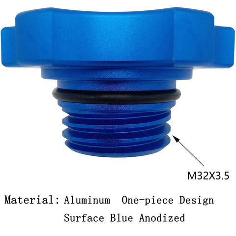 Blue anodized aluminum oil filler cap replacement, side view, shows M32X3.5 threading, compatible with Chrysler Dodge Jeep Ram Mitsubishi 1993-2020