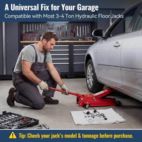 19 Piece 3 Ton Floor Jack Repair Kit With Replacement Springs and Hydraulic Rebuild Parts shown with car and mechanic.