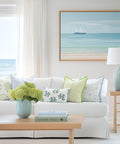 Living room with white couch and coastal decor, featuring Coastal Patio Lumbar Pillow Cover 12x20 Water Repellent Outdoor Indoor Cushion Cover With Baby Blue Hydrangea Print On White Invisible Zipper Piping Weather Resistant For Backyard Deck And Couch.