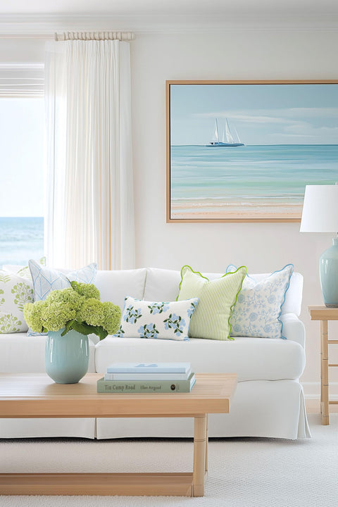 Living room with white couch and coastal decor, featuring Coastal Patio Lumbar Pillow Cover 12x20 Water Repellent Outdoor Indoor Cushion Cover With Baby Blue Hydrangea Print On White Invisible Zipper Piping Weather Resistant For Backyard Deck And Couch.