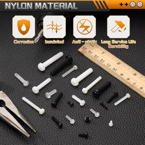 100 Pack M4x30mm Nylon Phillips Machine Screws Rock Solid Heavy Duty Fasteners in black and white on leather background.