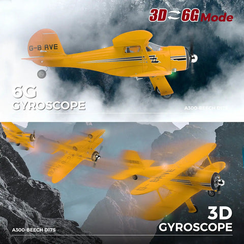 A300 4 Channel RC Plane With Beechcraft D 17 Style Lights 6G and 3D Brushless Power showing gyroscope modes in flight