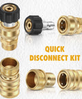 Brass pressure washer adapter kit, 16-pack, front view with M22 swivel and 3/8 in quick-release fittings