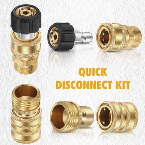 Brass pressure washer adapter kit, 16-pack, front view with M22 swivel and 3/8 in quick-release fittings