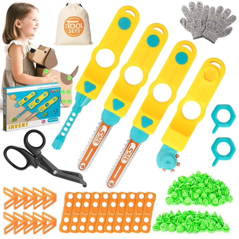 129 Piece Cardboard Construction Kit For Kids With Safe Serrated Cutter Crease Roller Screws And Nuts STEM Educational Building Toys Gift For Boys And Girls Age 5 And Up Totally Hands On Fun, tools layout
