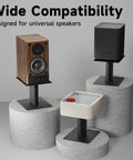 Universal Desktop Speaker Stands 7.9 By 6.5 Inch Pair For Bookshelf And Desktop Speakers, 6.1 Inch Tall, Sturdy Base shown with speakers