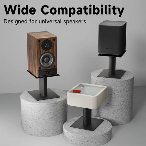 Universal Desktop Speaker Stands 7.9 By 6.5 Inch Pair For Bookshelf And Desktop Speakers, 6.1 Inch Tall, Sturdy Base shown with speakers