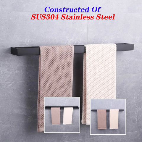 24-Inch Dope Matte Black Bathroom Towel Bar Stainless Steel Towel Rack Wall Mount for a Slick Modern Bath Upgrade 18/8 Rust Resistant Construction Easy Clean Durable Design mounted on wall with two towels.