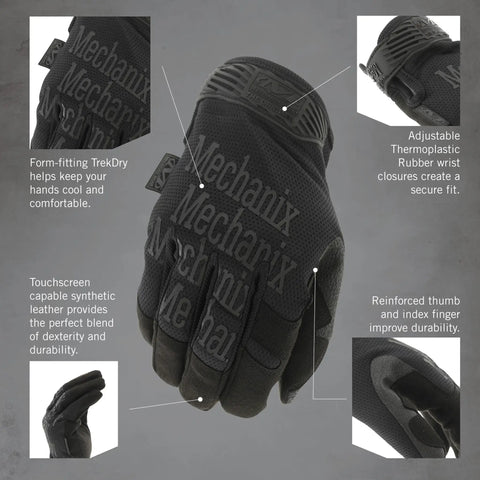 Covert Black Tactical Work Gloves With High Performance Anti Slip Grip And Touchscreen Capable, shown with material details.