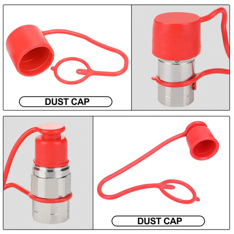 ANCIMOON 2-pack 1/2'' NPT flat-face hydraulic quick-connect fittings with red dust caps; collage shows front and installed views