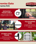 Heavy Duty Full Frame Gate Kit with Steel Hardware and Patented Truss Cable System, showing installation and features.