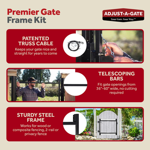 Heavy Duty Full Frame Gate Kit with Steel Hardware and Patented Truss Cable System, showing installation and features.