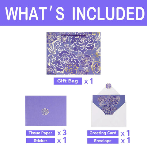13 Inch Large Rose Purple Gift Bag Set With Greeting Card And Tissue Paper, Gold Foil Accents, floral bag, card, tissues