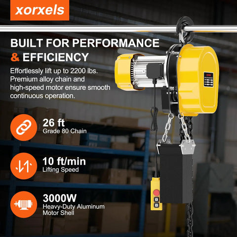Heavy One Ton Electric Chain Hoist Delivering Two Thousand Two Hundred Pounds Of Serious Lifting Power With Twenty Foot Vertical Rise On One Hundred Ten Volt Single Phase Circuit Featuring A Killer Three Twenty Eight Foot Wireless Remote For No Sweat Day.