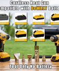Cordless Heat Gun For DeWalt 20V Battery Powered Hot Air Tool with accessories on a wooden table.