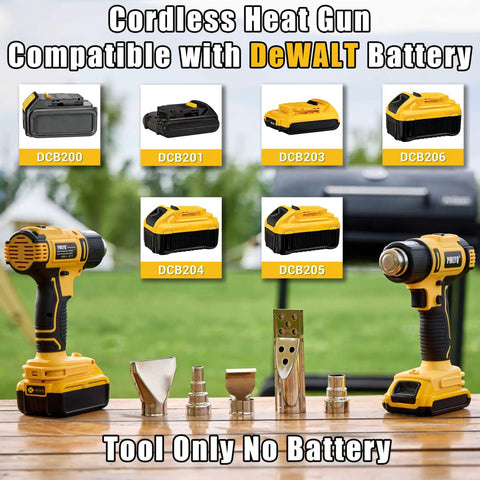 Cordless Heat Gun For DeWalt 20V Battery Powered Hot Air Tool with accessories on a wooden table.