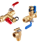 Set of three brass 3/4 in IPS tankless water heater service valves with red and blue handles, and pressure relief valve.