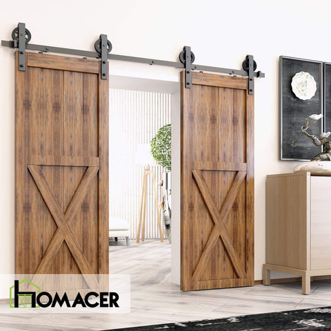 Black Rustic Non Bypass Sliding Barn Door Hardware Kit Tough As Nails Built To Last For Two Doors Six Point Six Feet Long Flat Track With Spoke Wheel Rollers Heavy Duty For Indoor And Outdoor Use installed on two wooden barn doors.